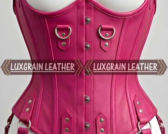 Women’s Pink Leather Corset Set | Multi-Strap Sheepskin Bustier | Gothic Cosplay & Fashion Outfit