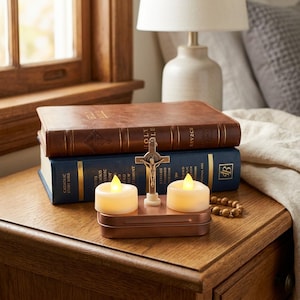 May include: A brown metal tin base holding two battery-operated LED tea light candles and a central crucifix. The tin sits in front of a blue Catholic Bible and a brown Holy Bible. A wooden bead rosary is placed to the right of the tin.