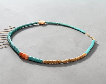 Turquoise beaded, Egyptian sun rays necklace, multi stone jewelry