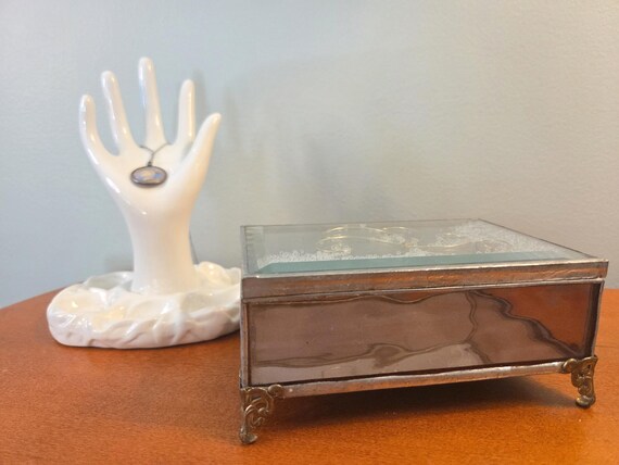 Vintage beveled stained glass jewlery box with mirrored bottom