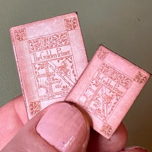 Peut inclure: Deux livres miniatures avec des couvertures roses et des lettres dorées. Les couvertures présentent un motif décoratif et le titre "The Golden Primer".