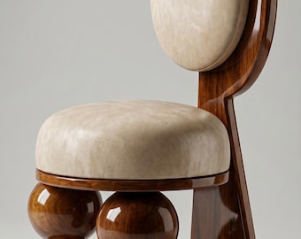 Poltrona scultorea di design, rivestita in tessuto color crema, con struttura in legno di noce, sedia da pranzo moderna e di grande impatto.