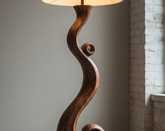 Sculpturale walnoothouten vloerlamp, gebogen houten staande lamp, rustieke moderne sfeerverlichting