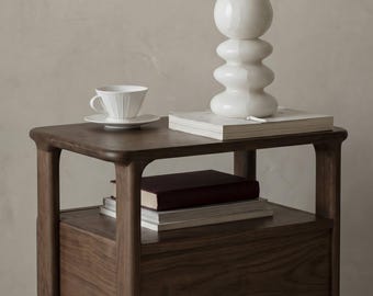 Walnut Nightstand, Rounded Mid Century Bedside Table with Drawer Shelf