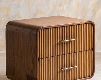 Mesita de noche de nogal con cajones estriados, mesita de noche moderna de madera, armario de almacenamiento para dormitorio con 2 cajones.