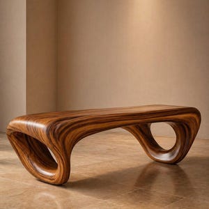 Mesa de centro escultural de madera, banco moderno orgánico con diseño de olas, acabado brillante en palisandro.