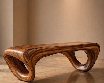 Sculptural Wooden Coffee Table, Organic Modern Wave Bench, Glossy Rosewood Finish