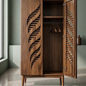 Armario con puertas de madera estilo hoja, armario moderno de nogal, armario de almacenamiento de ropa de 2 puertas, organizador rústico para dormitorio.