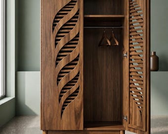 Wooden Leaf Door Wardrobe, Modern Walnut Armoire, 2 Door Clothing Storage Cabinet, Rustic Bedroom Organizer