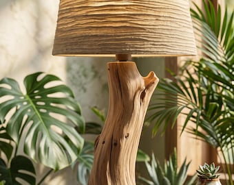 Lampe en bois flotté naturel, lampe de table en bois rustique avec abat-jour en tissu