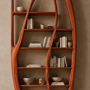 Könnte beinhalten: Einzigartiges Bücherregal aus Holz mit fließendem, organischem Design. Die rotbraunen Regalböden sind mit Büchern, Schalen und dekorativen Gegenständen gefüllt. Das Bücherregal hat eine markante, geschwungene Form.