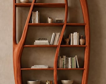 Libreria scultorea a forma di foglia, libreria in legno stile tavola da surf, mensola espositiva moderna e organica