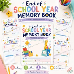 May include: A colorful End of School Year Memory Book with six printable pages. The cover features the text "End of School Year Memory Book" in various colors, along with illustrations of a sun, apple, and school supplies. Includes pages for highlights, friends, achievements, and summer goals.