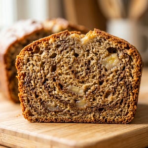 Op de afbeelding: Een plak bananenbrood, met een vochtig interieur met zichtbare stukjes banaan. Het brood heeft een goudbruine korst en een zachte, getextureerde kruimel. De plak ligt op een houten snijplank, met een ander brood in de achtergrond.