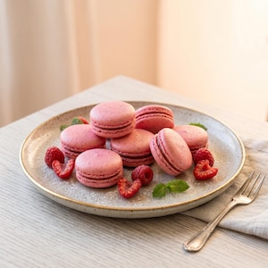 May include: A plate of pink macarons with raspberry filling, garnished with fresh raspberries and mint leaves. The macarons are arranged on a speckled plate with a gold rim, alongside a silver fork.