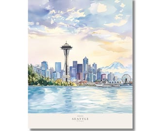 Seattle Watercolor Print | Space Needle Wall Art | City Gift