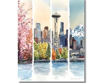 May include: Watercolor painting of Seattle, WA, divided into four vertical panels. The panels depict cherry blossoms, the Space Needle, a cityscape, and a mountain. The city skyline is reflected in the water below.
