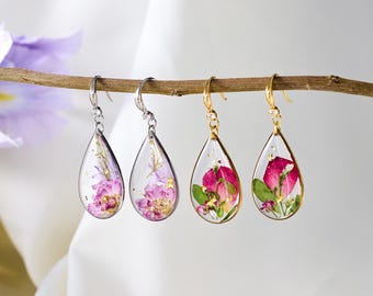 Orecchini personalizzati con fiore di nascita, orecchini a goccia con zirconi, gioielli con fiori pressati, regalo di compleanno, regalo per la festa della mamma, regalo per damigella d'onore