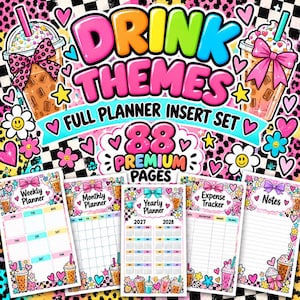 May include: A digital planner insert set featuring 88 premium pages with a colorful theme of iced coffee drinks, pink leopard print, and black and white checkered patterns. The text reads DRINK THEMES FULL PLANNER INSERT SET 88 PREMIUM PAGES.