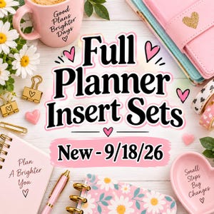 May include: A collection of stationery items including a pink mug with the text Good Plans Brighter Days, a pink planner, a floral notebook, gold binder clips, a pink pen, and a heart-shaped dish with the text Small Steps Big Changes.