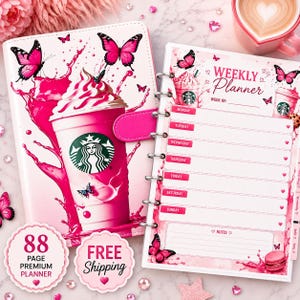 A5 Starbucks Pink Butterfly Planner: Handmade Undated Organizer, Paper