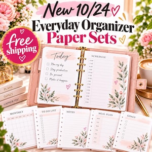 May include: A pink ring-bound planner open to a daily schedule page with floral accents, surrounded by loose-leaf inserts labeled Monthly, To Do List, Notes, Meal Plan, and Goals. The text reads New 10/24 Everyday Organizer Paper Sets.