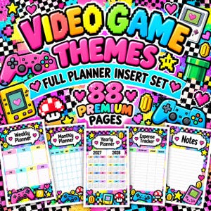 May include: A digital planner insert set titled Video Game Themes with 88 premium pages. The design features pixelated graphics including game controllers, handheld consoles, mushrooms, and coins on a black and white checkered background.