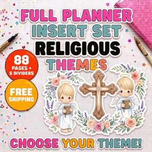 May include: A digital planner insert set featuring religious themes with text reading FULL PLANNER INSERT SET RELIGIOUS THEMES. The design includes illustrations of two angels holding small books, a wooden cross, and floral wreaths with roses.