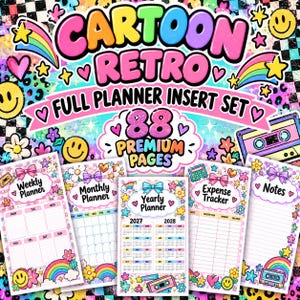 May include: A digital planner insert set titled Cartoon Retro Full Planner Insert Set 88 Premium Pages. The design features colorful rainbows, smiley faces, cassette tapes, and flowers. Included are templates for a weekly planner, monthly planner, yearly planner for 2027 and 2028, expense tracker, and notes pages.