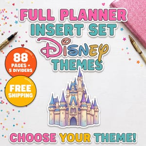 May include: A full planner insert set with Disney themes featuring 88 pages and 5 dividers. The graphic includes a detailed illustration of a castle with blue and purple turrets, surrounded by colorful confetti and two pens on the sides.