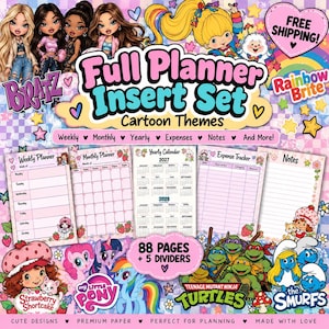 May include: A full planner insert set featuring cartoon themes including Bratz, Rainbow Brite, Strawberry Shortcake, My Little Pony, Teenage Mutant Ninja Turtles, and The Smurfs. The set includes 88 pages and 5 dividers with weekly, monthly, yearly, expense, and note templates.