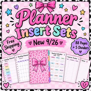 May include: A set of planner inserts featuring a pink leopard print cover with a large pink bow. The set includes weekly and monthly planners, a 2026-2027 yearly calendar, an expense tracker, and notes pages, all decorated with colorful stars and hearts.