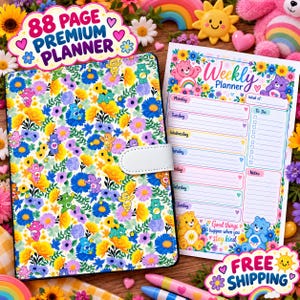 May include: A planner with a white cover featuring a colorful pattern of Care Bears and various flowers, including a white magnetic closure. Beside it is a weekly planner sheet with sections for each day, a to-do list, and notes, decorated with floral motifs and Care Bears.
