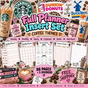 May include: A full planner insert set with coffee themes featuring 88 pages and 5 dividers. The set includes weekly, monthly, and yearly calendar pages, expense trackers, and note sheets decorated with coffee cups, beans, and leopard print.