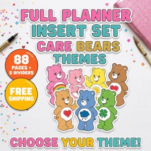 May include: A full planner insert set featuring Care Bears themes with 88 pages and 5 dividers. The graphic includes illustrations of pink, yellow, brown, orange, blue, and green bears with various symbols on their bellies, including a rainbow, heart, sun, cloud, and clover.