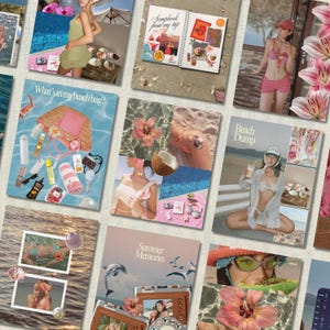 Puede incluir: Un collage de imágenes con temática de verano, que incluye una bolsa de playa con elementos esenciales, un álbum de recortes y fotos de escenas de playa. Las imágenes presentan colores vibrantes, flores y accesorios de playa, evocando el verano y las vacaciones.