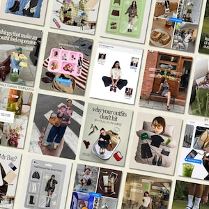 Puede incluir: Un collage digital que presenta múltiples imágenes de estilo de vida, cuadrículas de conjuntos de moda y plantillas para redes sociales. La composición incluye varias fotografías de ropa, accesorios y diseños estéticos dispuestos en una cuadrícula sobre fondo blanco.