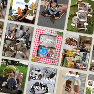 Puede incluir: Un collage de imágenes con texto y varios objetos. Una imagen muestra una lata de metal con las palabras "CREATOR HABITS" y el texto "that help me stay consistent". Otras imágenes muestran comida, una persona usando una computadora portátil y una persona leyendo.