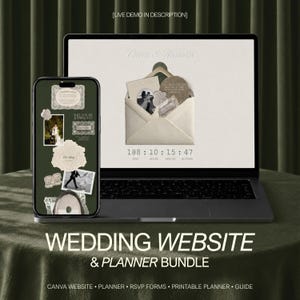 Puede incluir: Un ordenador portátil y un smartphone muestran una web de bodas y un paquete de planificación. La pantalla muestra un gráfico de sobre, un temporizador de cuenta atrás y un collage de fotos de boda con el texto Olivia & Nicholas.