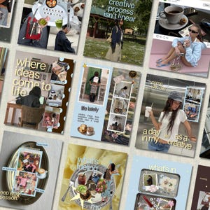 Puede incluir: Un collage de múltiples imágenes digitales que presentan escenas de estilo de vida, superposiciones de texto como 'where ideas come to life' y 'life lately', fotografías de personas, café, comida y espacios de trabajo creativos.