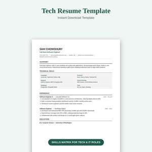May include: A digital tech resume template featuring the text Tech Resume Template and Instant Download Template at the top. The document includes sections for summary, technical skills, experience, and education, with a dark green button at the bottom.