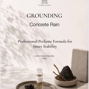 Può includere: Una piccola boccetta di profumo in vetro su un piatto rotondo in ceramica con due rocce vulcaniche scure, una roccia vulcanica più grande in una ciotola, un blocco di cemento e un taccuino con una penna. Testo: OSMOTEKA GROUNDING Concrete Rain Professional Perfume Formula for Inner Stability Author: Tantea & Osmoteka 2026.