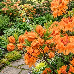 Op de afbeelding: Een levendige oranje azaleastruik in volle bloei, met trossen trompetvormige bloemen en opvallende, ronde, gesegmenteerde zaaddozen tussen groen blad, tegen een achtergrond van weelderig tuingroen en een stenen pad.