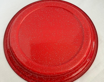Plato de servir de esmalte moteado rojo y blanco de estilo vintage