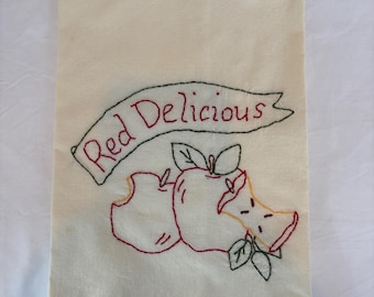Vintage Hand-Embroidered "Red Delicious" Kitchen Towel Cream Cotton Red Stitching 12"x18" Minor Wear