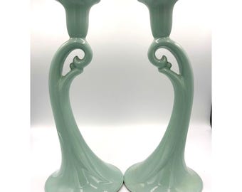 Vintage Haeger Pale Green Ceramic Candlestick Holders – Mid-Century Scroll Design