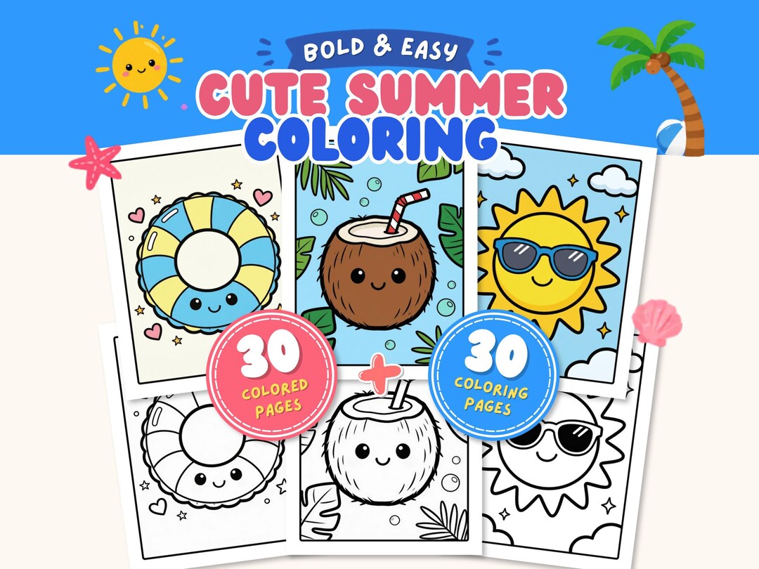 Summer Coloring Pages Kids, Bold Easy Kawaii Beach Printable for ...