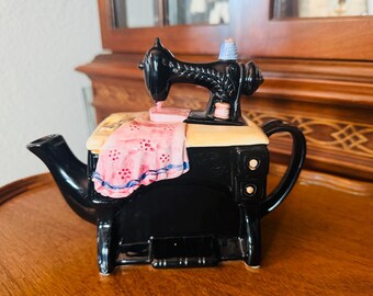 Vintage Cardinal 1990s Black Sewing Motif Teapot- Tea For One