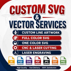 Op de afbeelding: Een grafische advertentie voor aangepaste SVG- en vectordiensten met de tekst CUSTOM SVG & VECTOR SERVICES. Het bevat diensten zoals aangepaste lijntekeningen, full-color SVG, één-kleur SVG, CNC- en lasersnijden en lasergraveren.