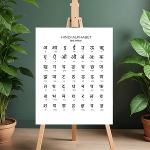 May include: A white poster on a wooden easel displays the Hindi alphabet. The poster features black text arranged in a grid, with the title "HINDI ALPHABET" at the top. The image is framed by potted green plants.